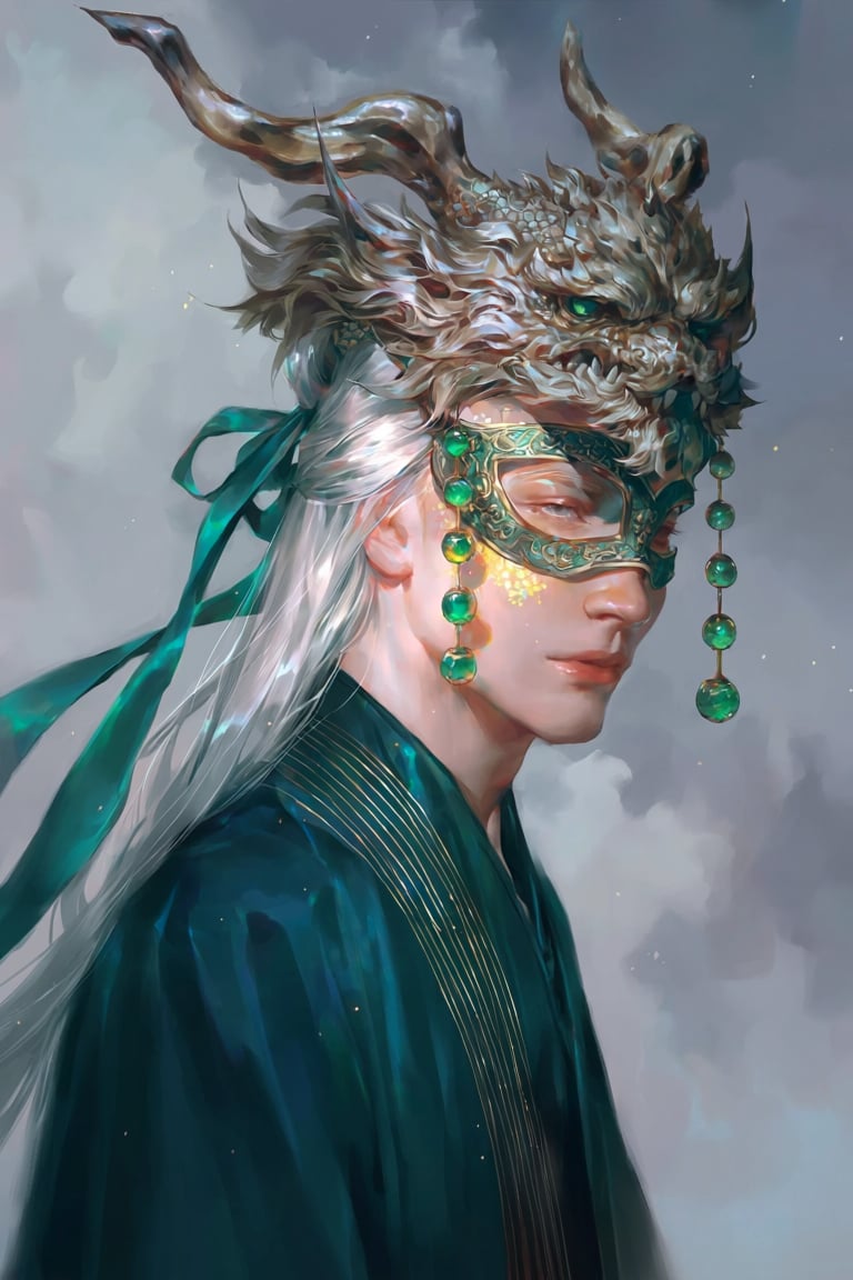 v6x,  mask,  male with long silver-white hair tied with jade green ribbon by MissFidonyo on Tensor.Art