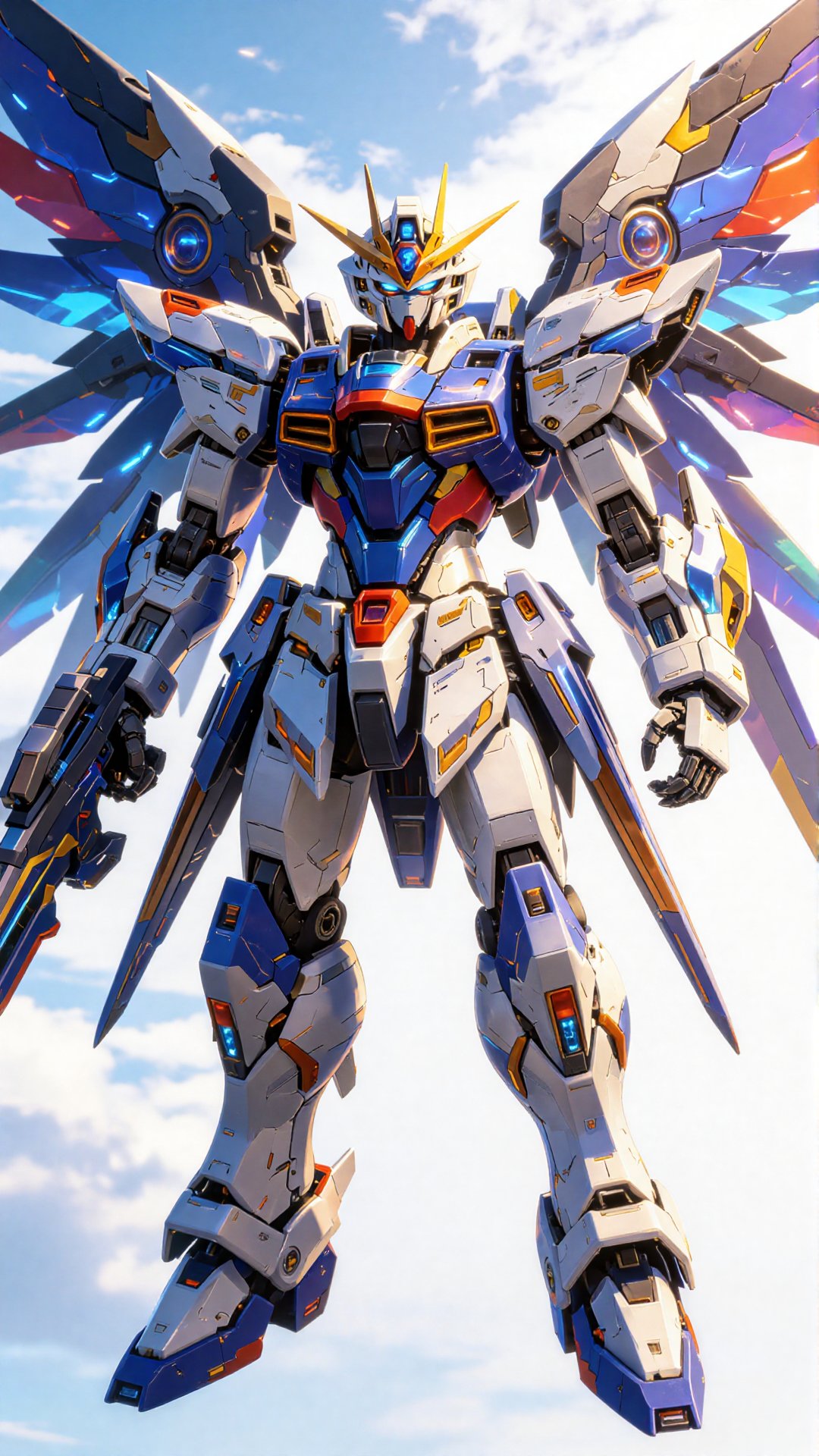 This is a digital illustration of a vibrant,  futuristic mecha robot with angelic wings,  set against a bright by Dragon G...
