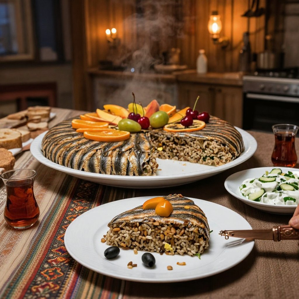 Reference authentic traditional Balıklı Pilav (Turkish Fish Pilaf) appearance,  with anchovy fillets arranged in clean rad...