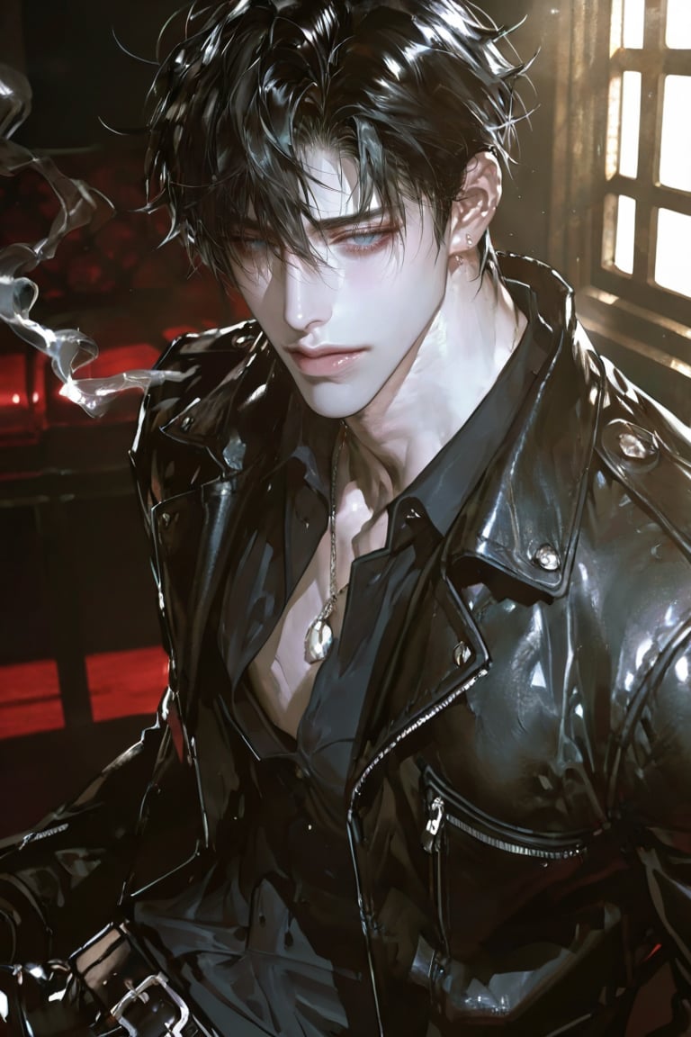 ​A moody,  candid-style photograph of a mature handsome Asian man with a "bad boy" aesthetic in a high-end,  dimly lit lou...