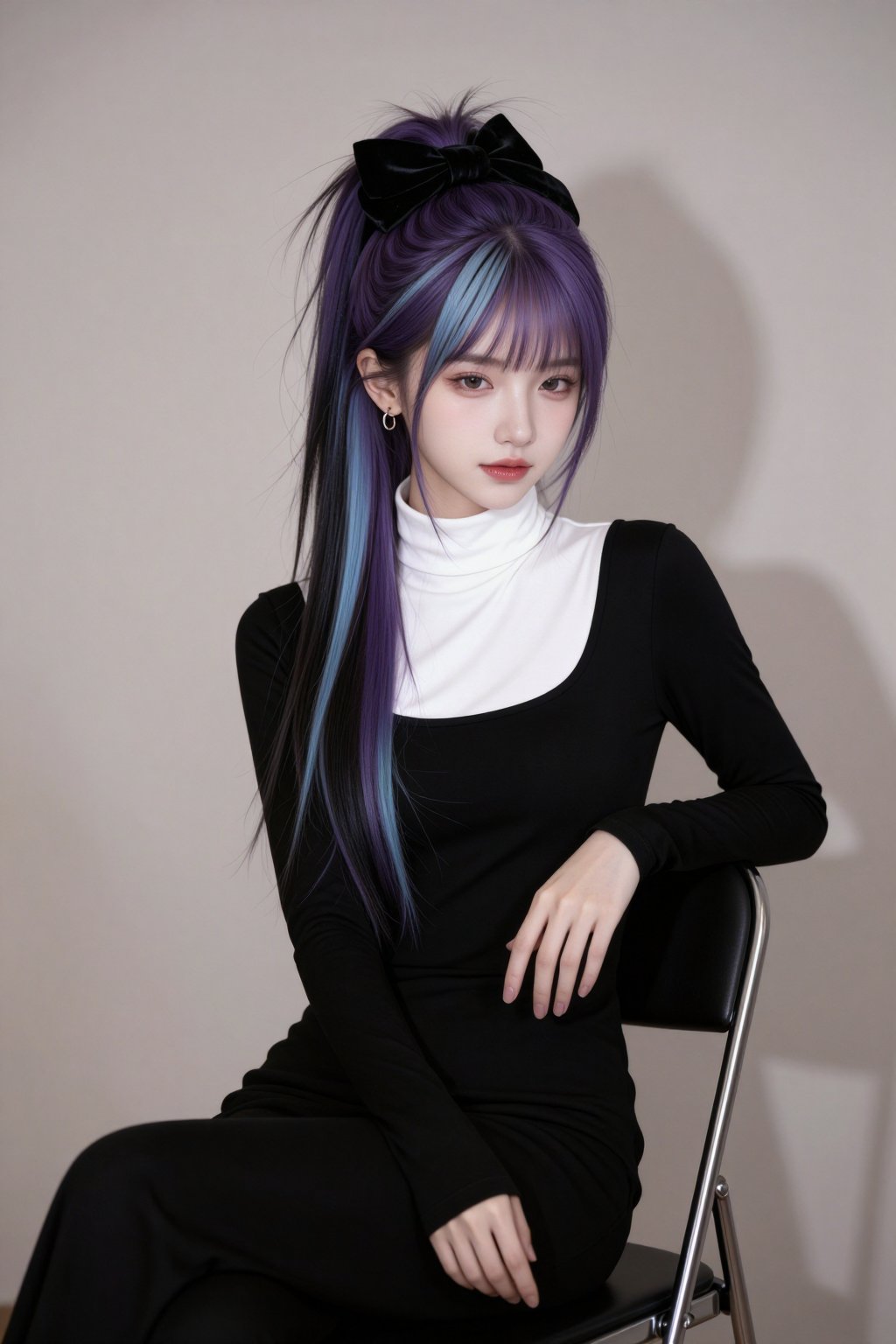 一位年轻女性端坐于金属折叠椅上,  身着黑色长袖连衣裙,  内搭白色高领打底衫 by 剑舞轻风 on Tensor.Art