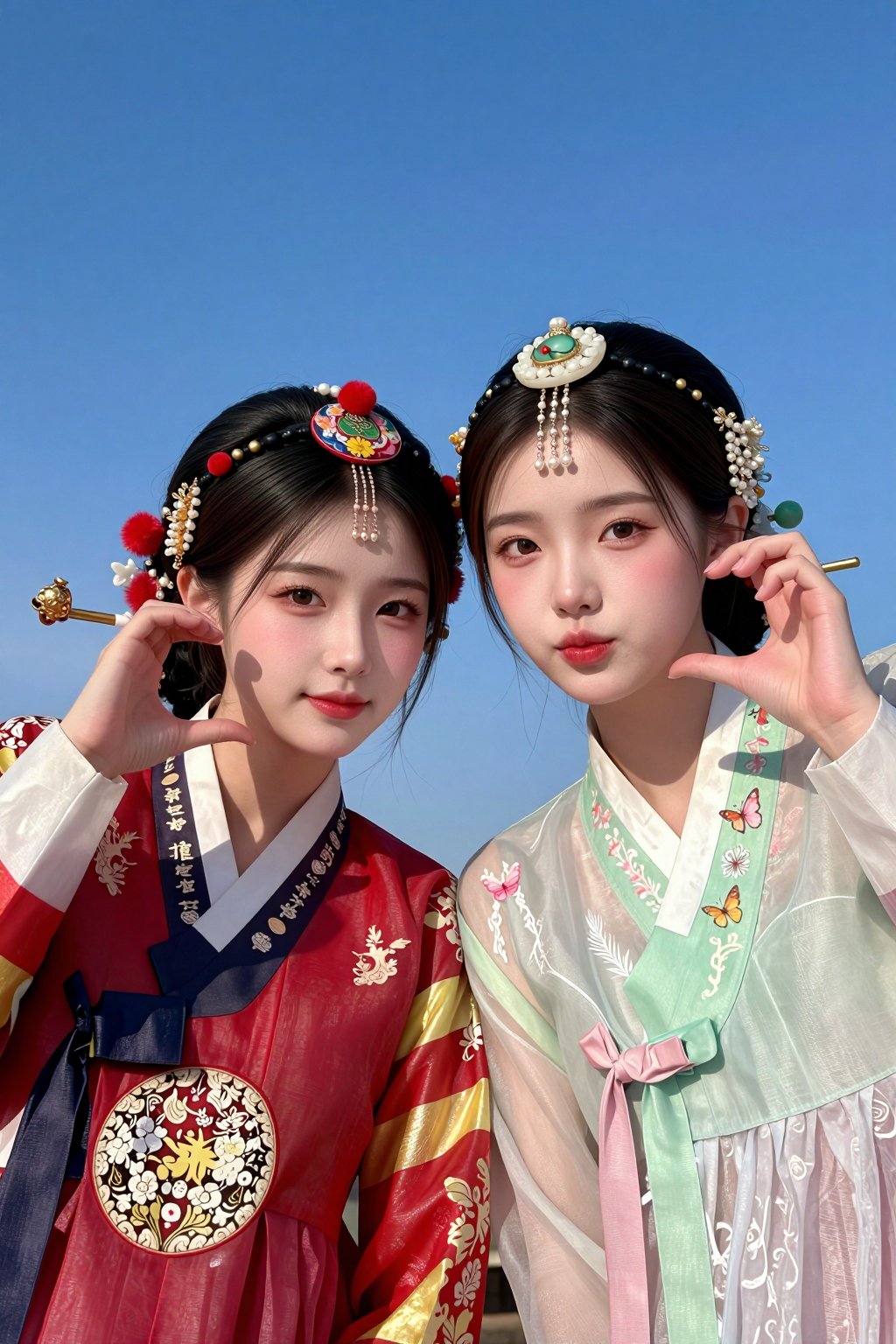 仰拍两位朝鲜族年轻女性并肩而立,  头靠在一起,  一前一后 by 剑舞轻风 on Tensor.Art
