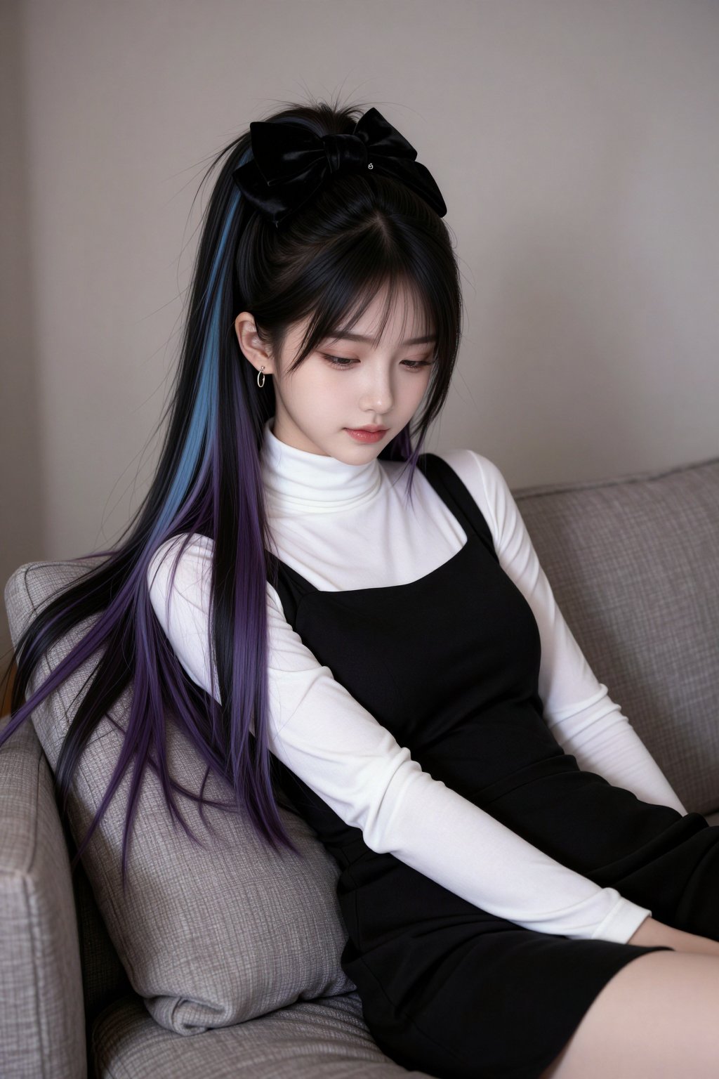 一位年轻女性躺坐沙发上,  身着黑白拼接高领连衣裙,  外层黑色面料垂坠柔软 by 剑舞轻风 on Tensor.Art