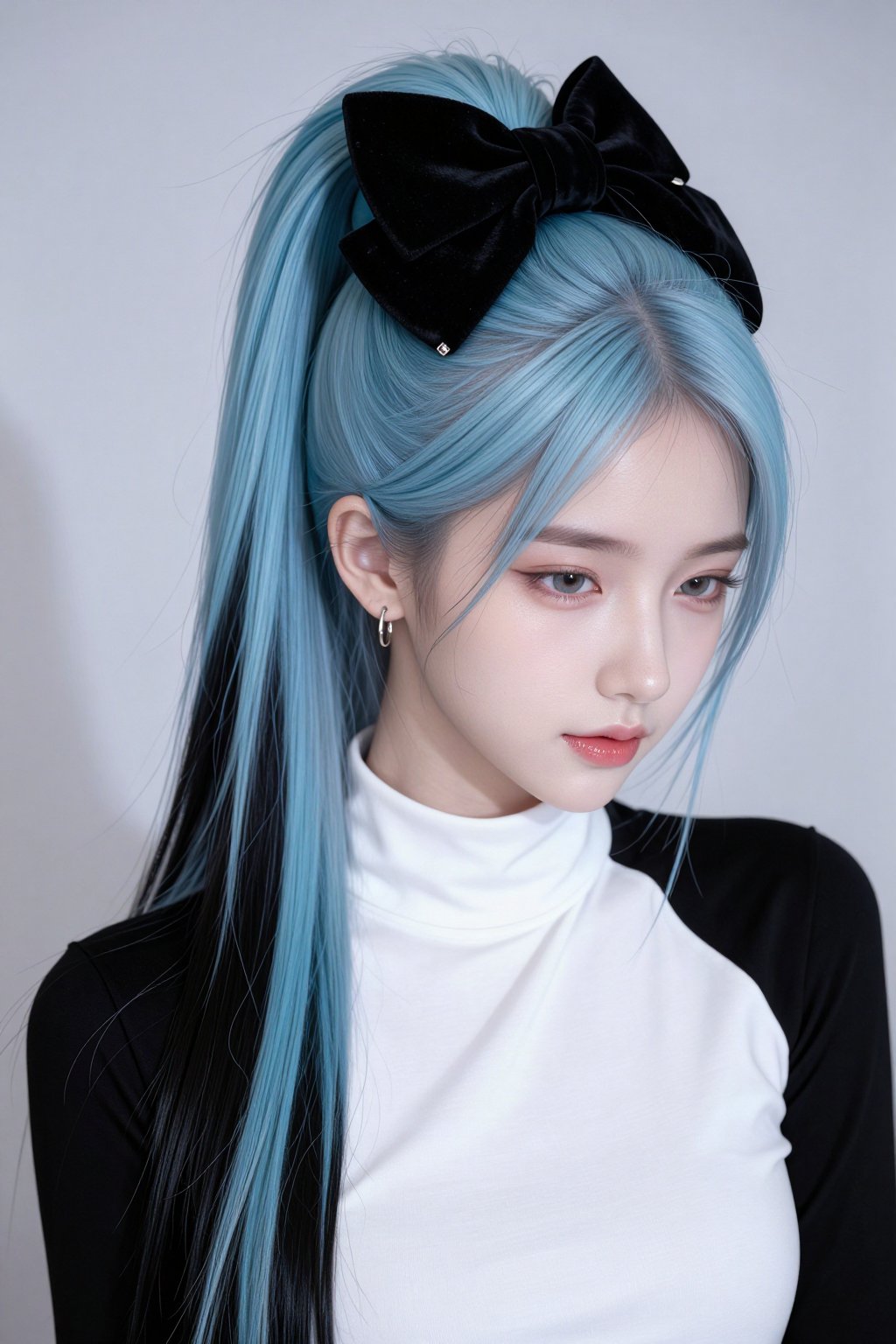 一个少女,  目光低敛,  浅蓝色长发自头顶高束成马尾 by 剑舞轻风 on Tensor.Art