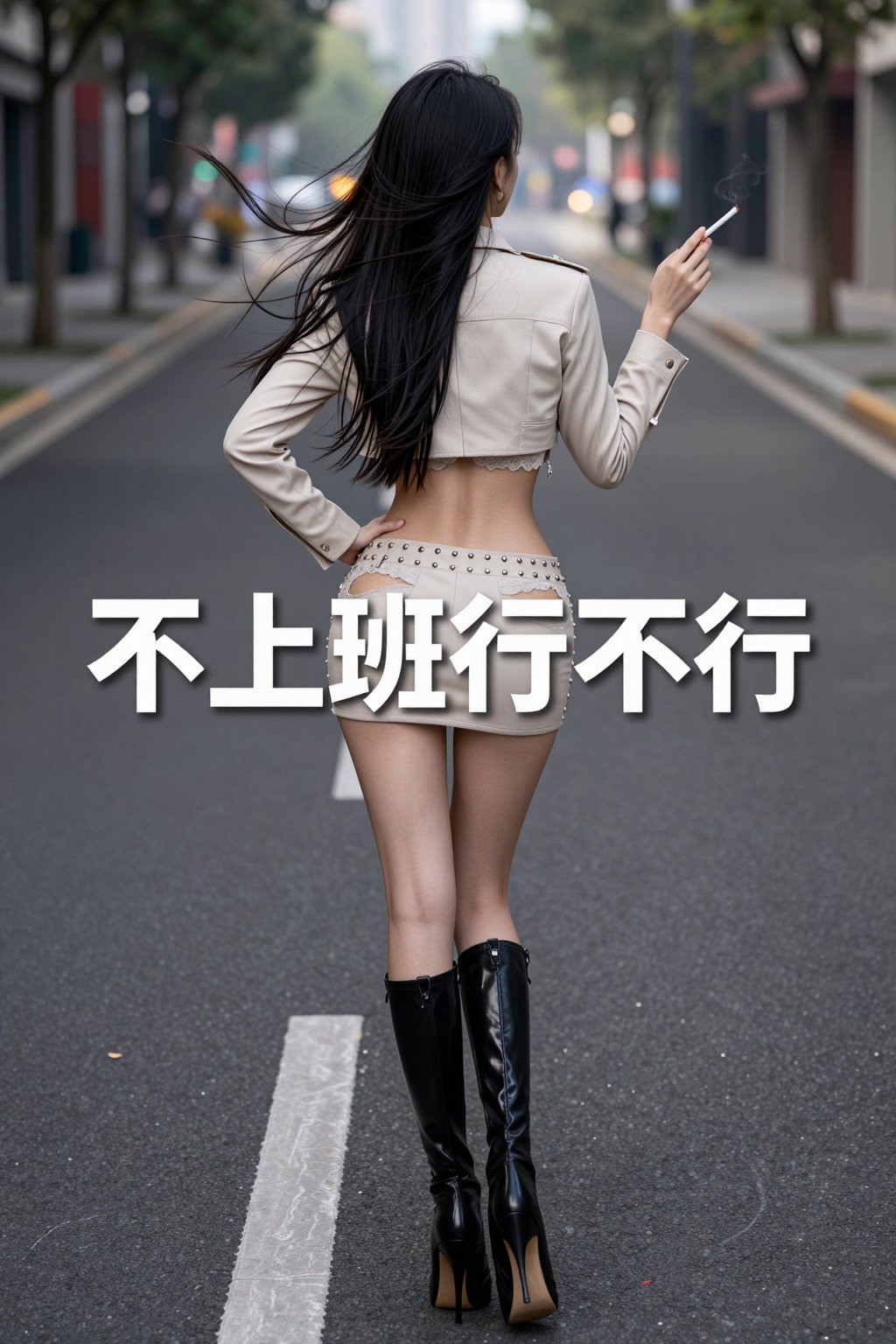 在马路中央,  一名女子背对镜头站着,  长发被风吹向一侧 by 剑舞轻风 on Tensor.Art