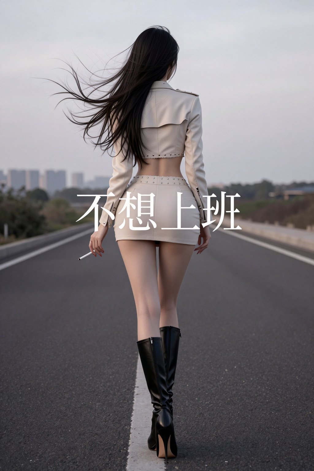 在马路中央,  一名女子背对镜头站着,  长发被风吹向一侧 by 剑舞轻风 on Tensor.Art