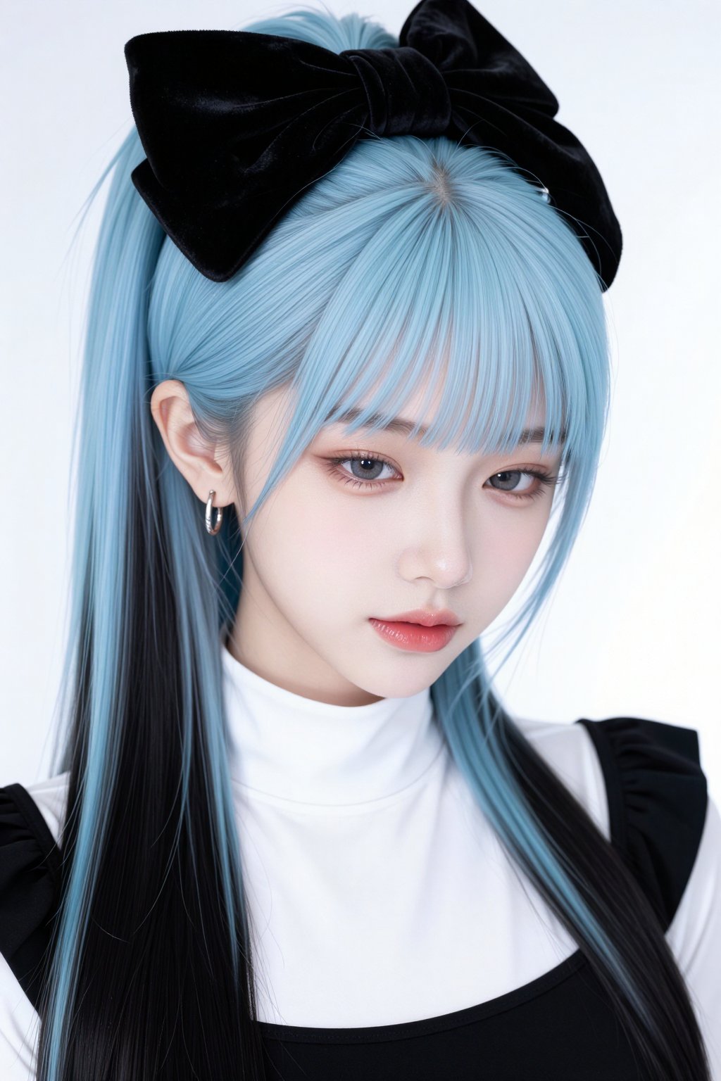 一个少女的正面特写,  垂眸,  浅蓝色长发自头顶高束成马尾 by 剑舞轻风 on Tensor.Art