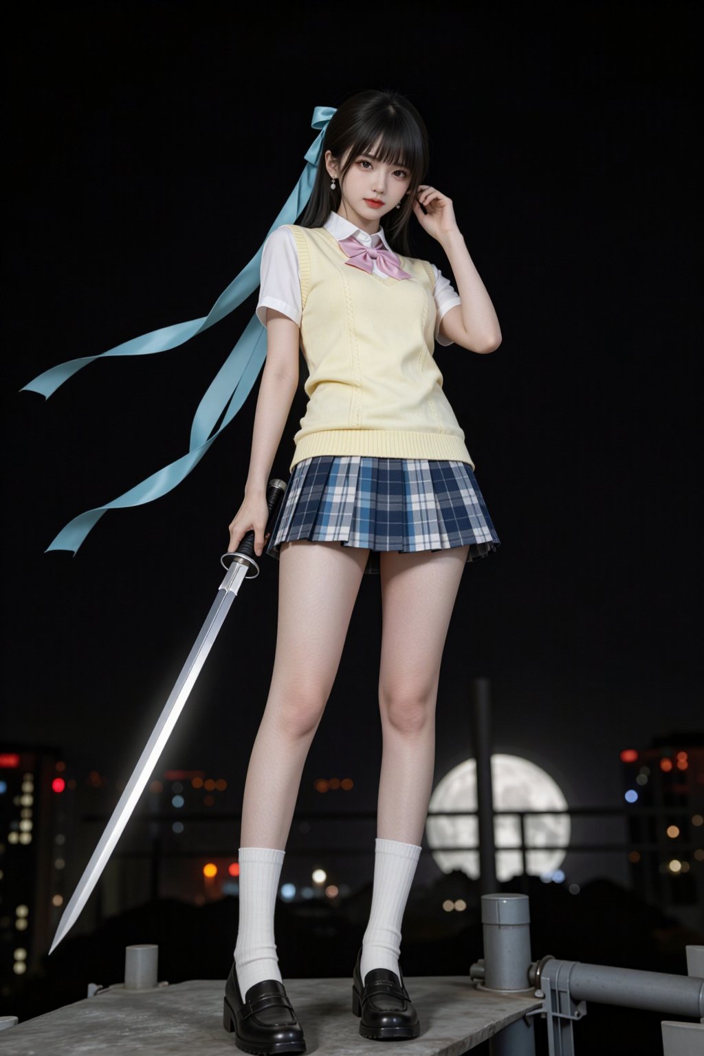 漆黑的午夜,  少女立于城市上空的一个电线杆之上,  姿态傲然伫立 by 剑舞轻风 on Tensor.Art