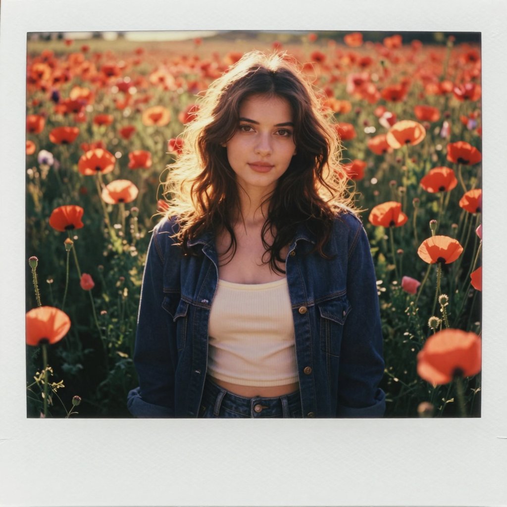 A young woman stands waist-up in a dense field of red and orange poppies during golden hour. She looks straight into the c...