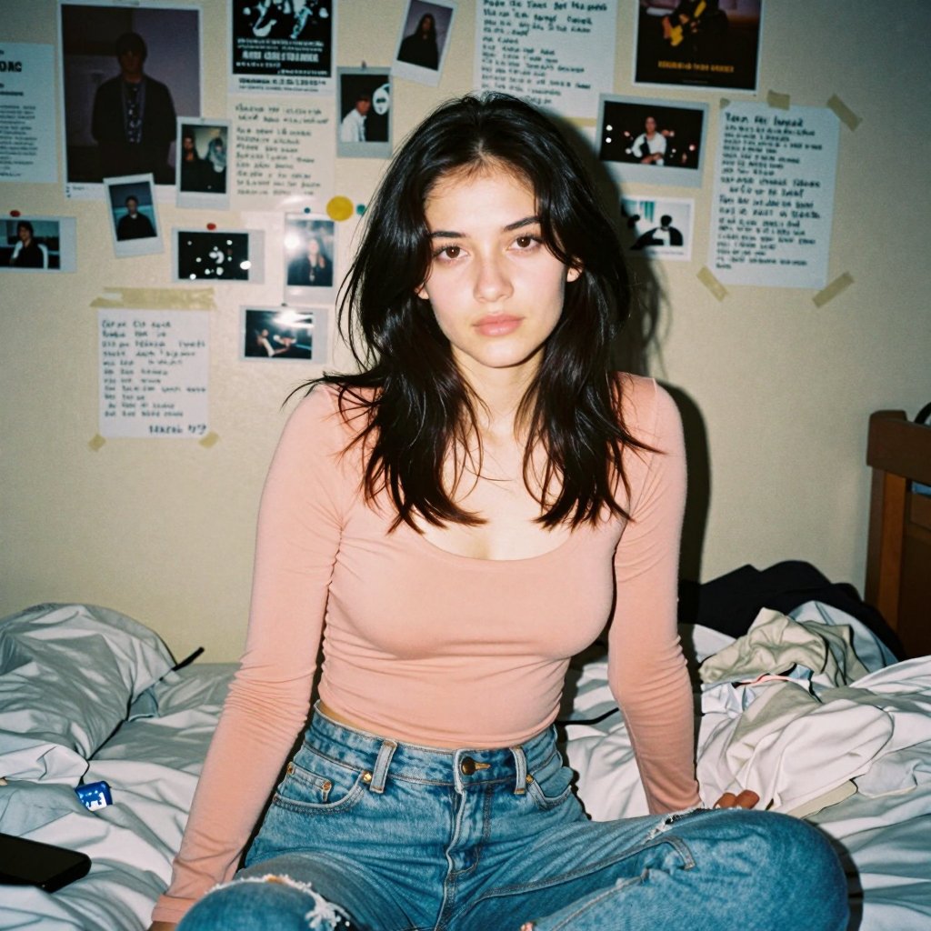 Raw disposable-camera snapshot of a young woman sitting on an unmade dorm bed,  framed in a casual waist-up composition. H...