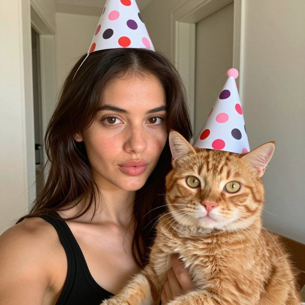 Selfie of a woman holding an orange cat indoors; both wearing festive party hats with polka dots; close-up framing capturi...