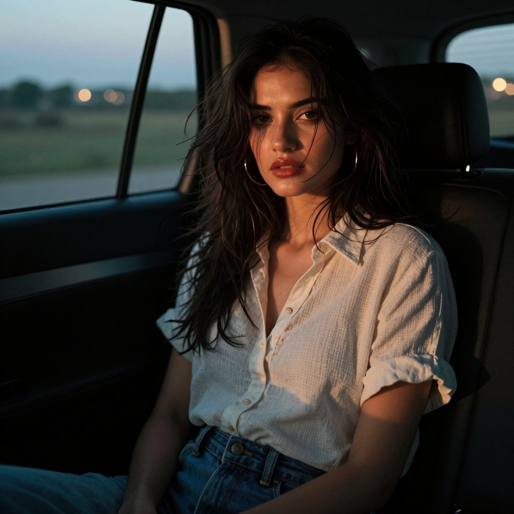 A medium shot of a woman with a long,  voluminous messy dark hair sitting in the back seat of a car at dusk. She is wearin...