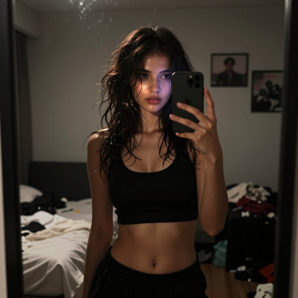 A mirror selfie shot of a young woman with dark wavy hair taking the photo in her bedroom Subject: A striking young woman...