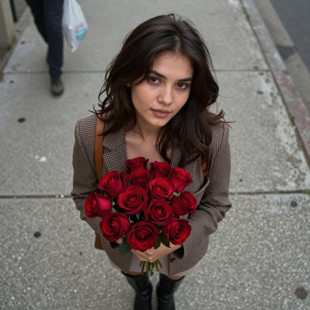 High-angle full-length shot of a young woman standing on a grey concrete city sidewalk,  looking directly up at the camera...
