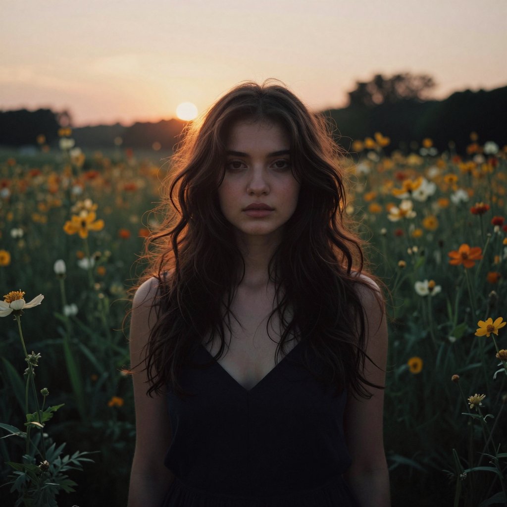 A young woman stands in a dimly lit flower field just before sunset,  captured in a waist-up shot. She looks straight into...