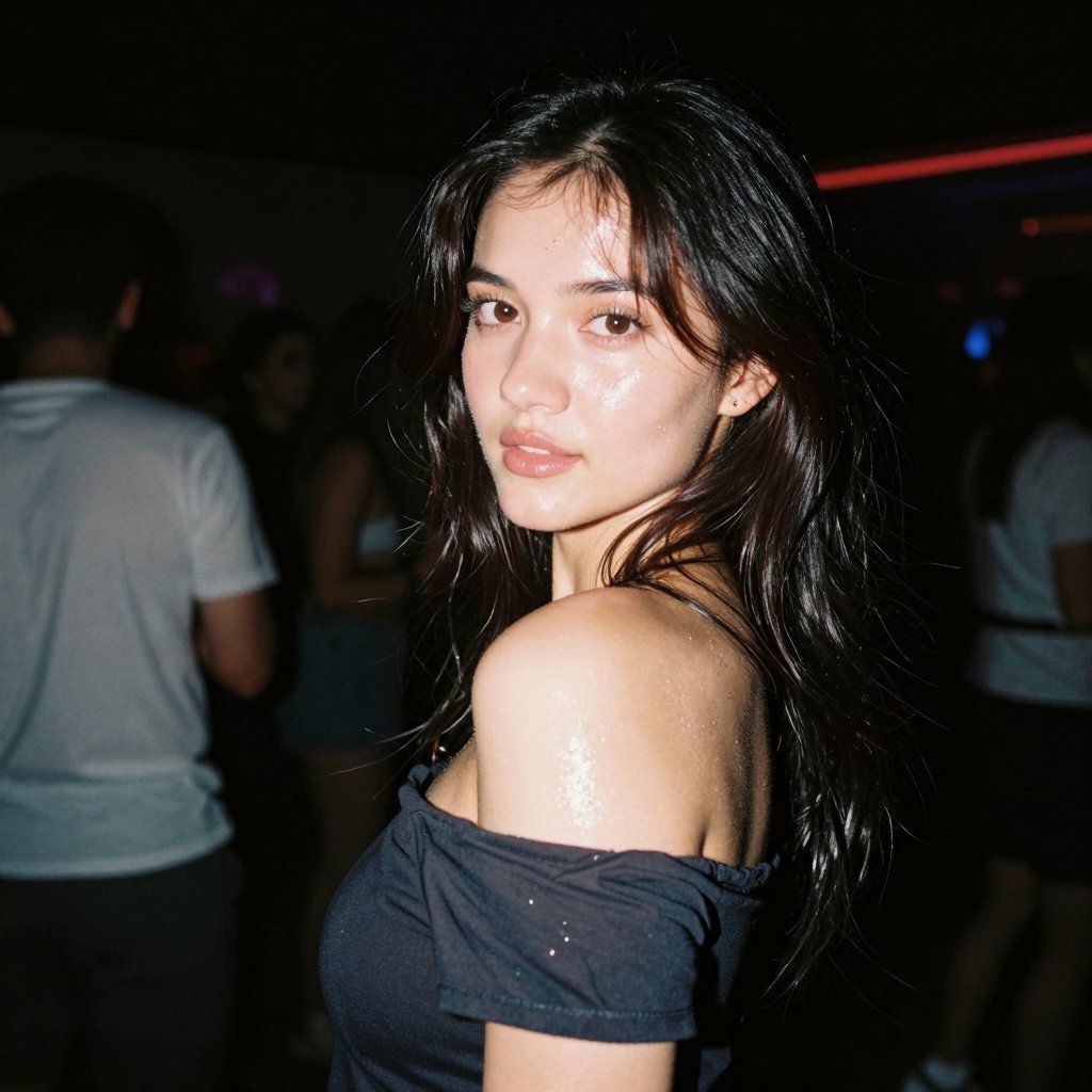 Unposed party snapshot of a girl turning toward the lens,  off-shoulder dark top slipping slightly as the flash fires. Ove...
