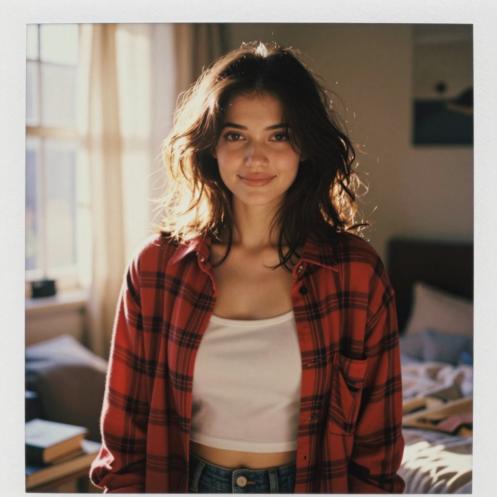 A young woman with tousled dark hair and minimal makeup,  wearing an oversized red flannel shirt over a white tank top,  l...
