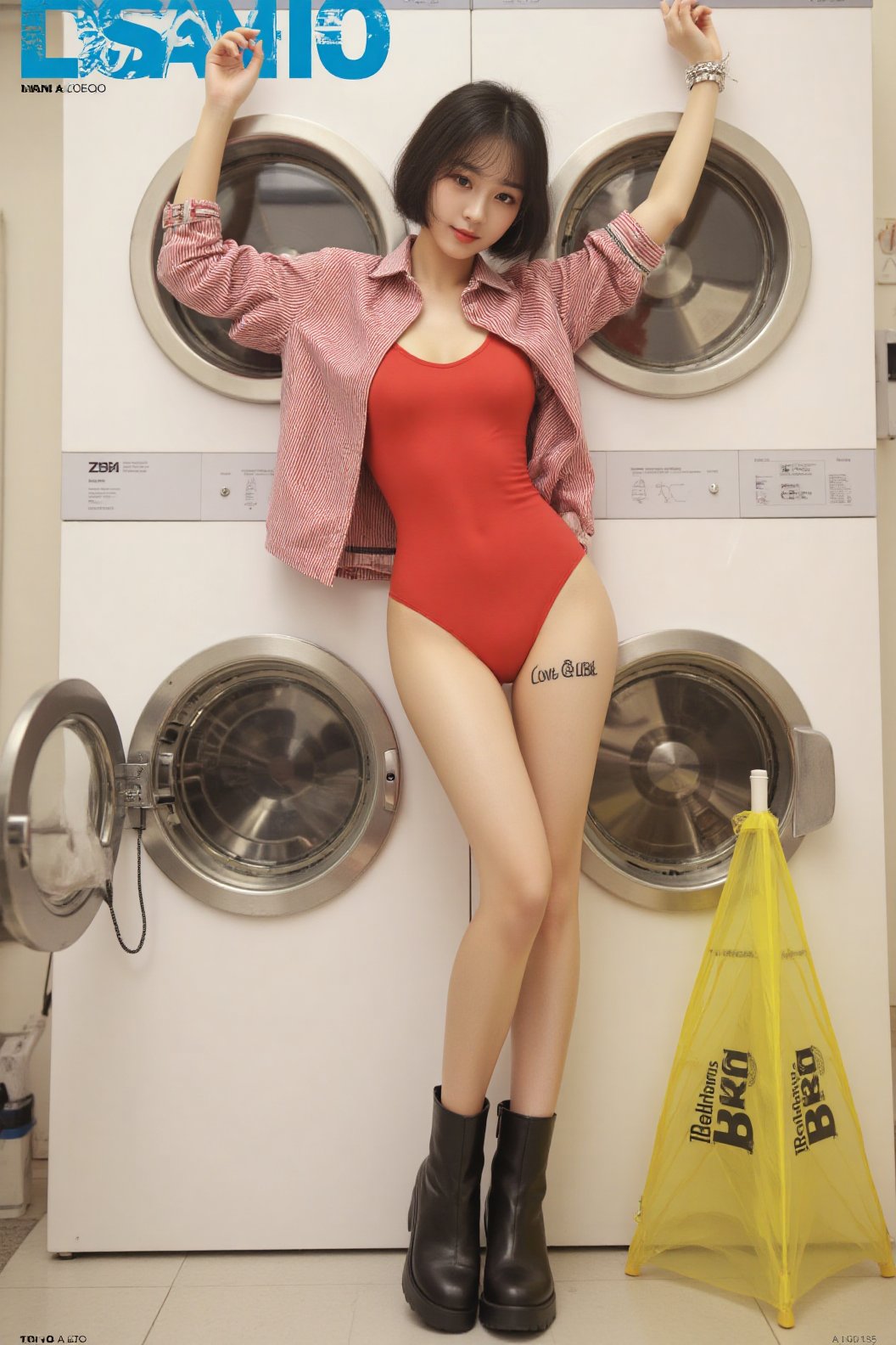 1 girl in a red swimsuit and black boots is posing in front of a washing machine. She raises her hands high,  with her hai...