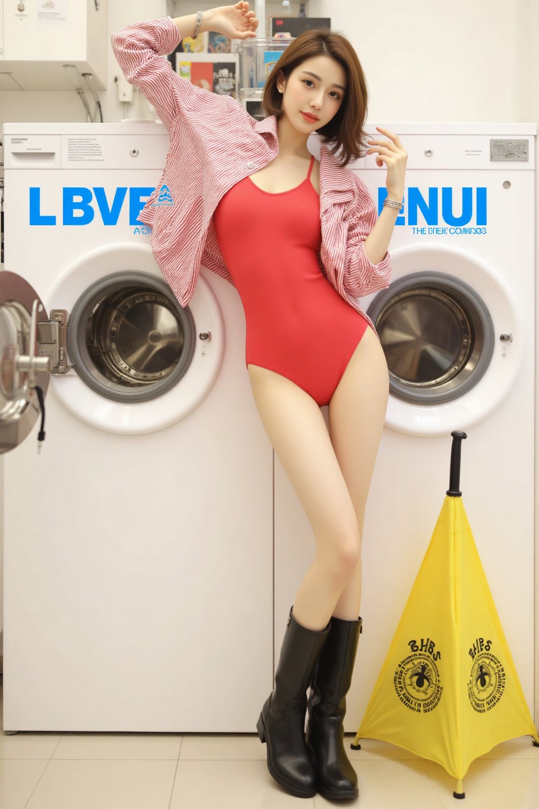 1 girl in a red swimsuit and black boots is posing in front of a washing machine. She raises her hands high,  with her hai...