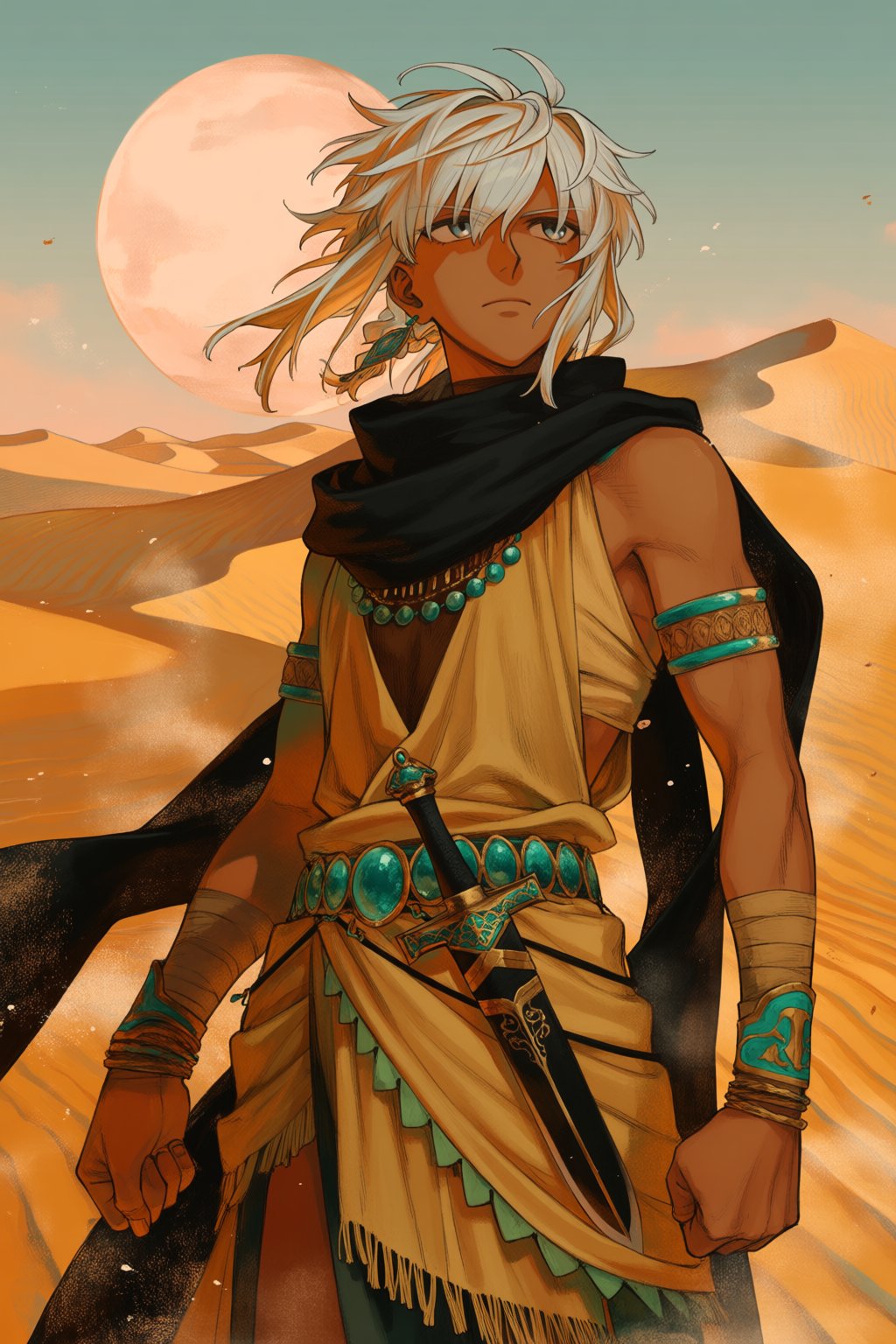 @wa7arurei,  38 - A striking digital portrait shows a desert wanderer with sun-bronzed skin,  silver eyes by Azriaelis on...
