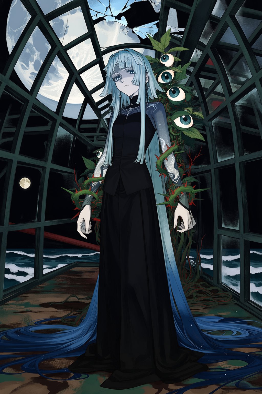 @wa7arurei,  20 - A dark,  surreal digital illustration features a solitary figure standing in an abandoned greenhouse whe...