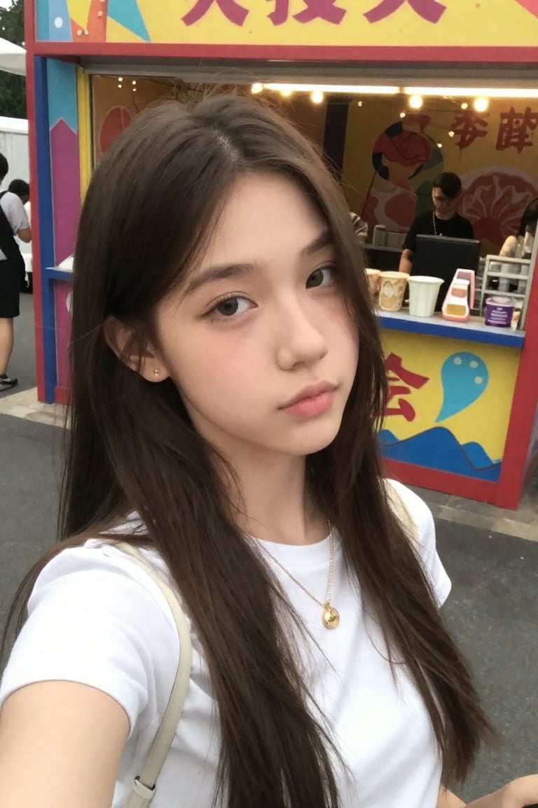 cyk4b4be3,  young woman taking a high angle side profile selfie looking at the viewer in front of carnival stall by terry...