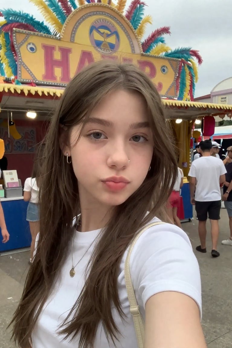 cyk4b4be3,  young woman taking a side profile selfie looking at the viewer in front of carnival stall by terry maya soul o...