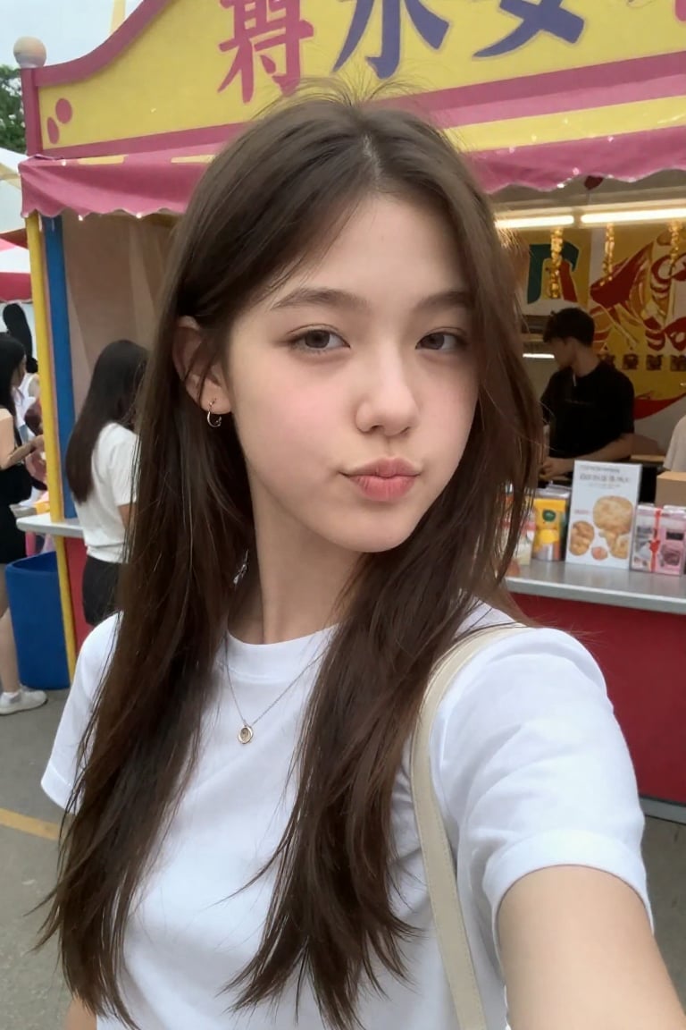 cyk4b4be3,  young woman taking a side profile selfie looking at the viewer in front of carnival stall,  doing a cute wink...