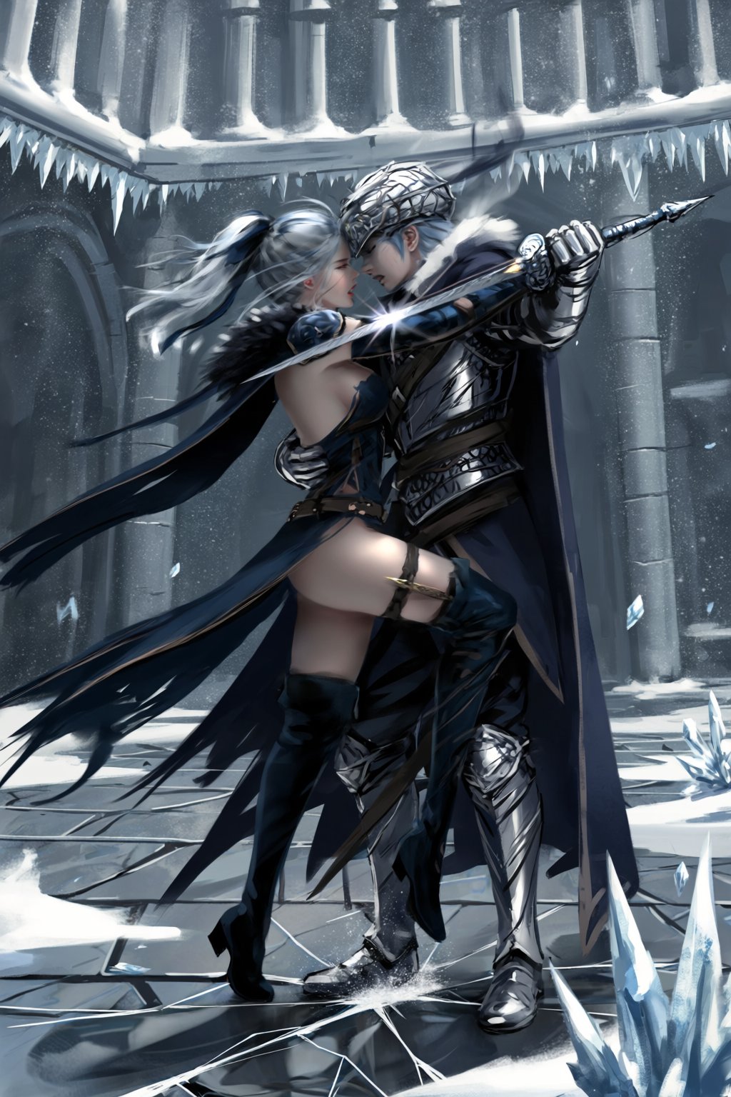 @wl0p,  @wlop,  A stylized digital painting depicts a pale warrior locked in close combat with an armored opponent inside...