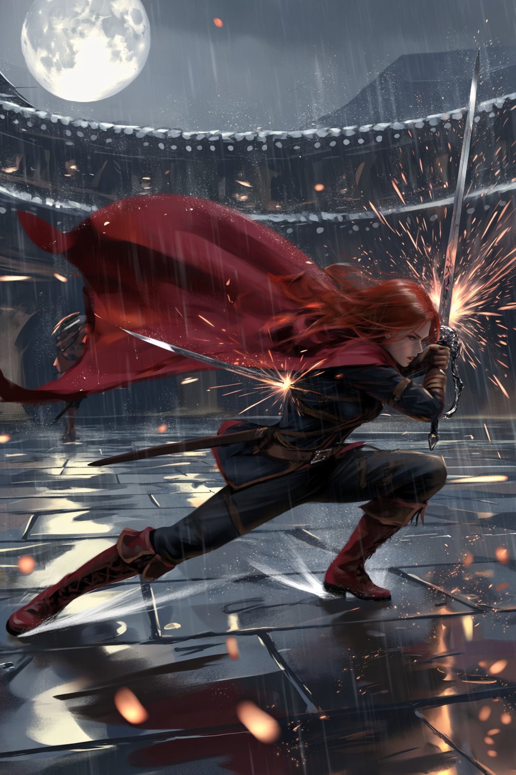@wl0p,  @wlop A dynamic digital illustration captures a red-haired swordfighter mid-duel,  sliding across rain-slick stone...
