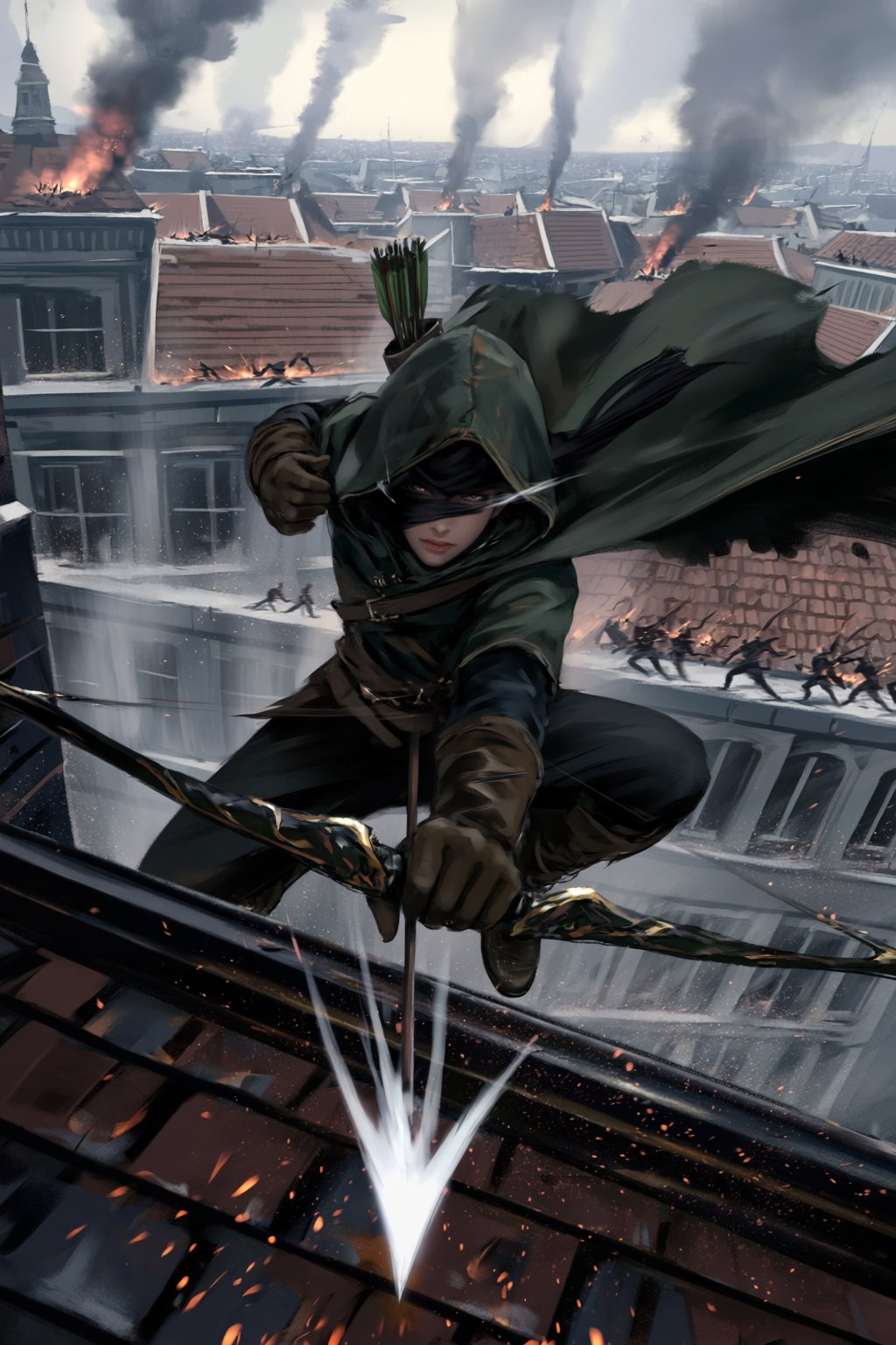 @wl0p,  @wlop,  A cinematic fantasy artwork captures a cloaked archer leaping backward from a collapsing rooftop by Azriae...