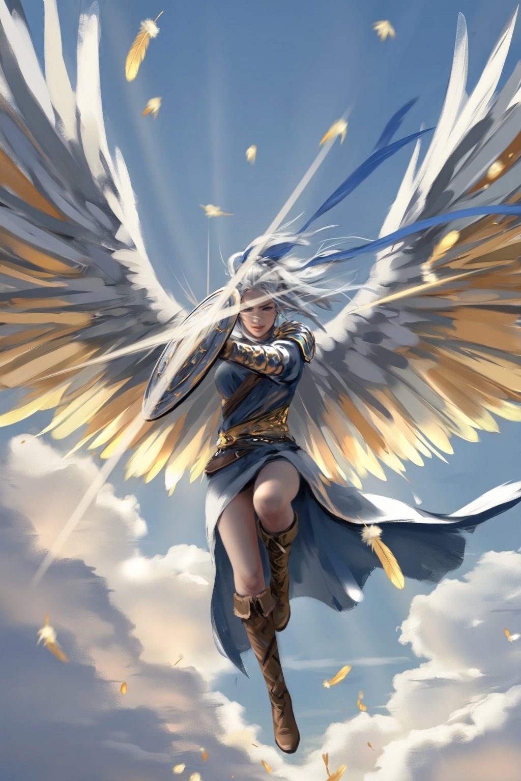 @wl0p,  @wlop A cheerful but intense digital painting depicts a winged warrior swooping through a bright sky battle,  gold...