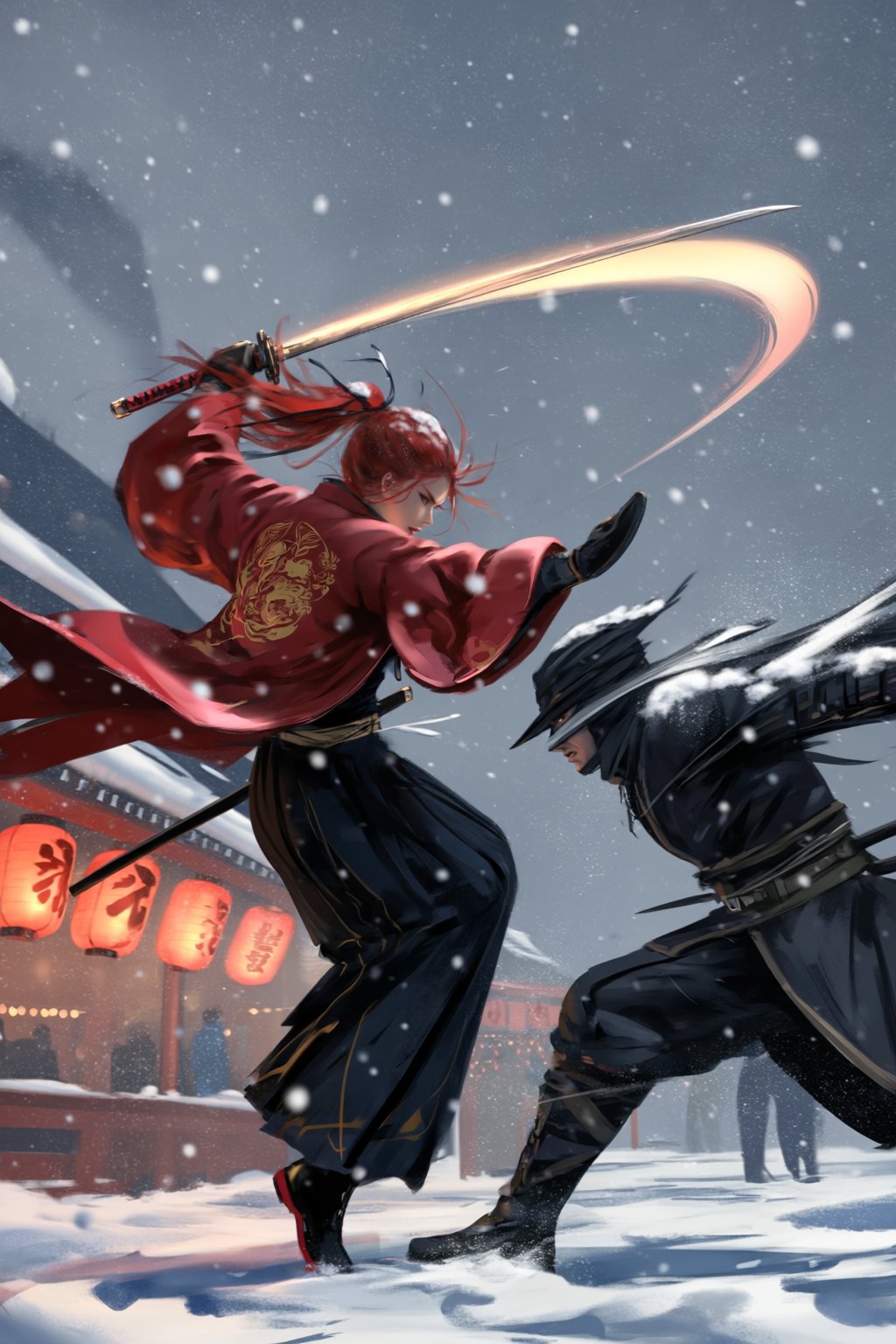 @wl0p,  @wlop A stylized action scene shows a red-haired fighter in a crimson haori spinning through falling snow,  their...