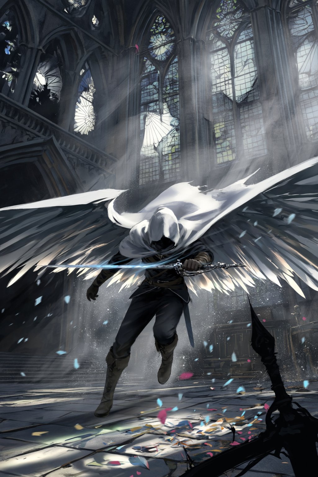 @wl0p,  @wlop,  A high-contrast fantasy illustration shows a pale swordsman lunging through shattered glass inside a ruine...