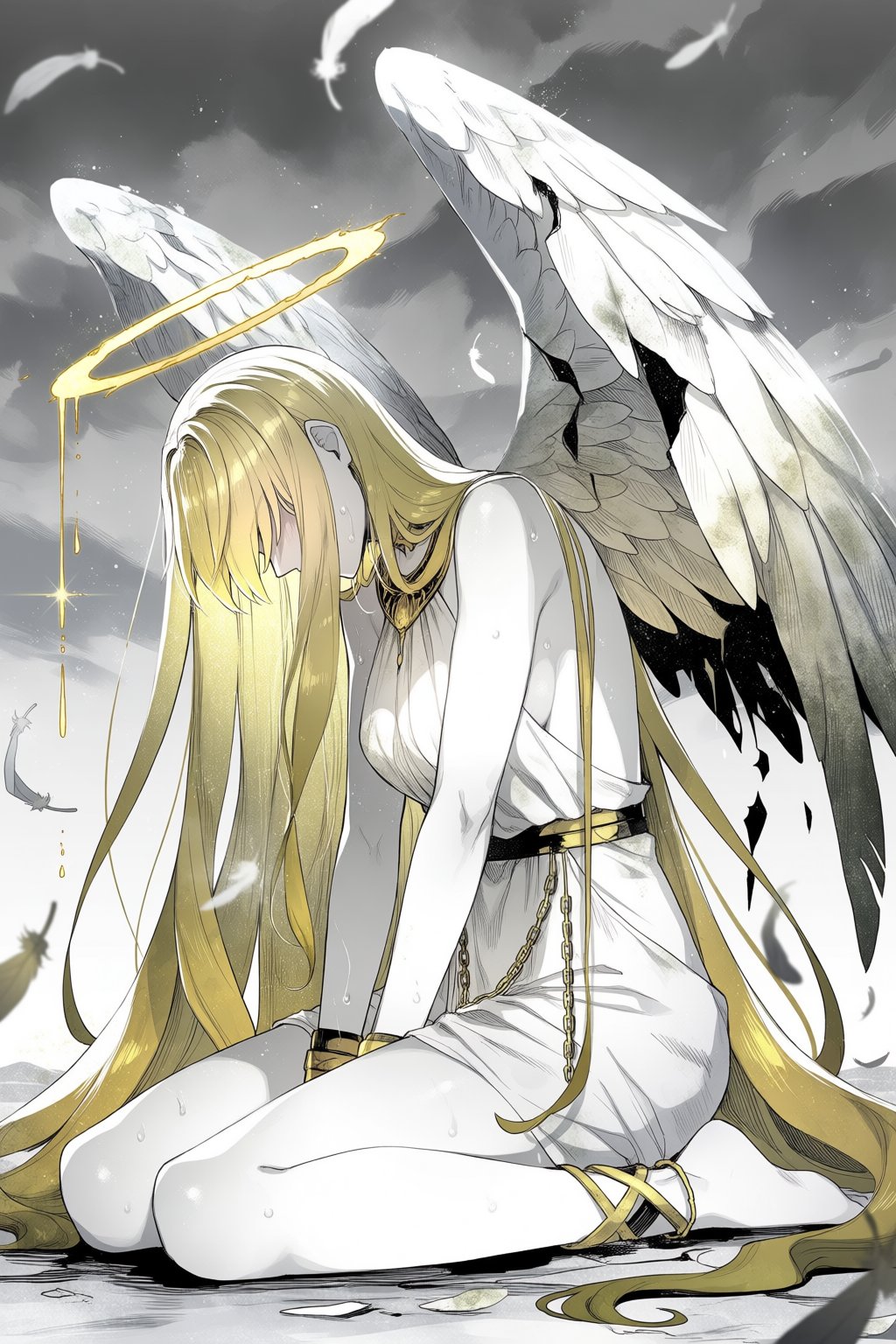@re_drop,  A melancholic digital illustration depicts a celestial being in a state of sorrowful grace. The figure is kneel...