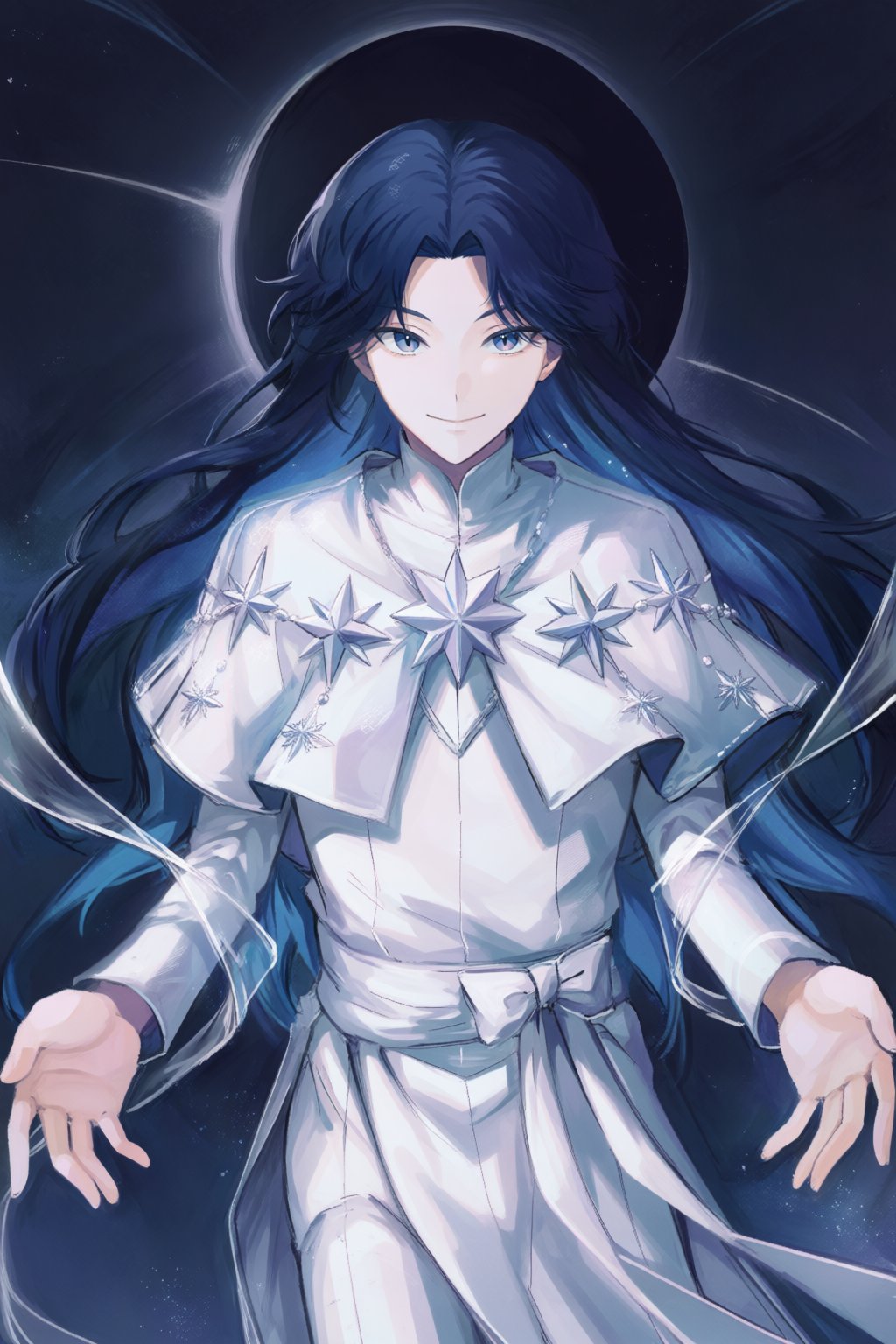 @binamanhwa,  A supernatural digital painting portrays a celestial figure with flowing midnight-blue hair and luminous sil...