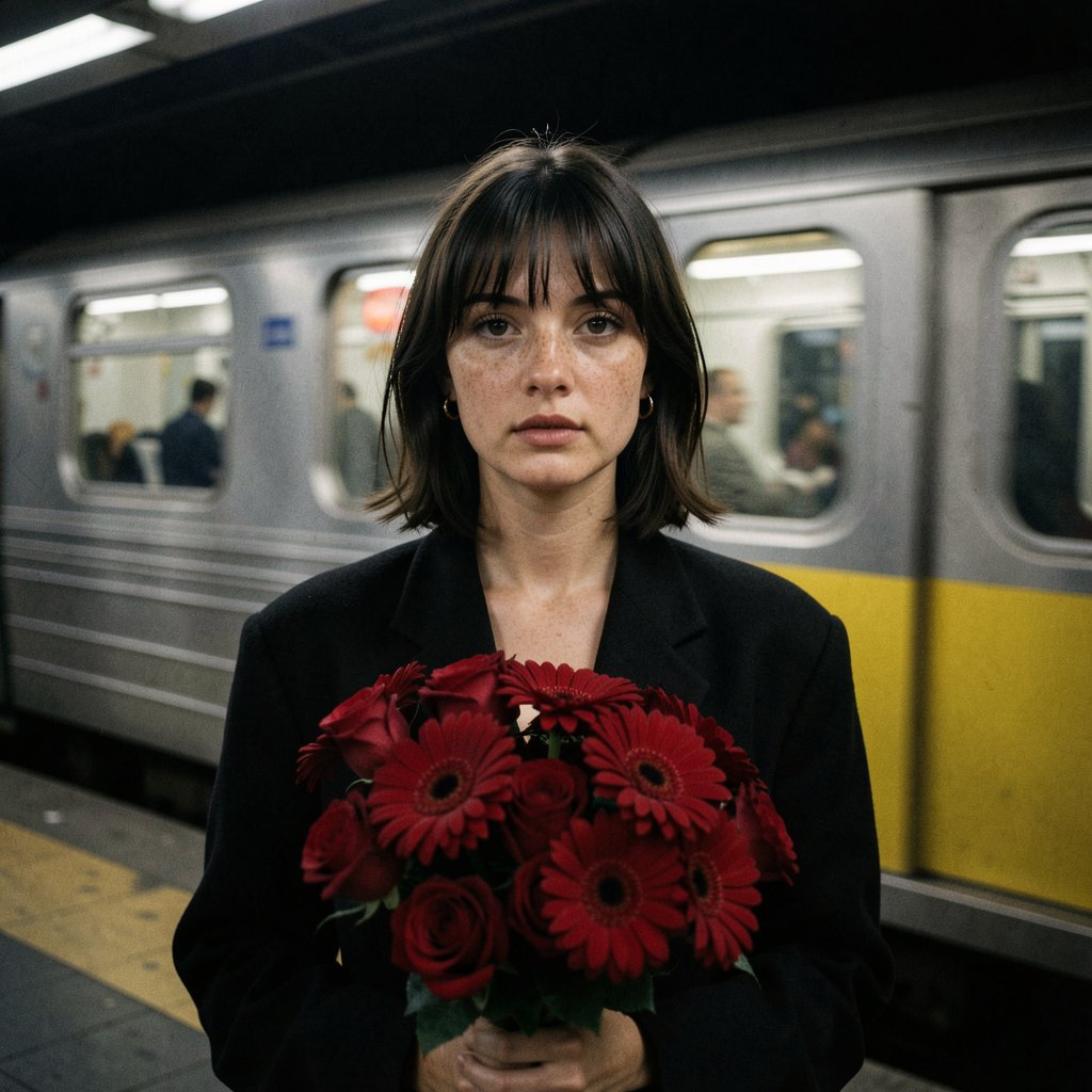 A waist-up medium shot of a woman with shoulder-length dark brown hair and straight-cut fringe bangs standing in a dark ur...