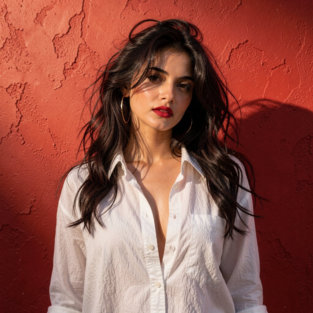 A medium shot of a woman with voluminous,  messy long dark wavy hair standing against a heavily textured,  bright red wall...
