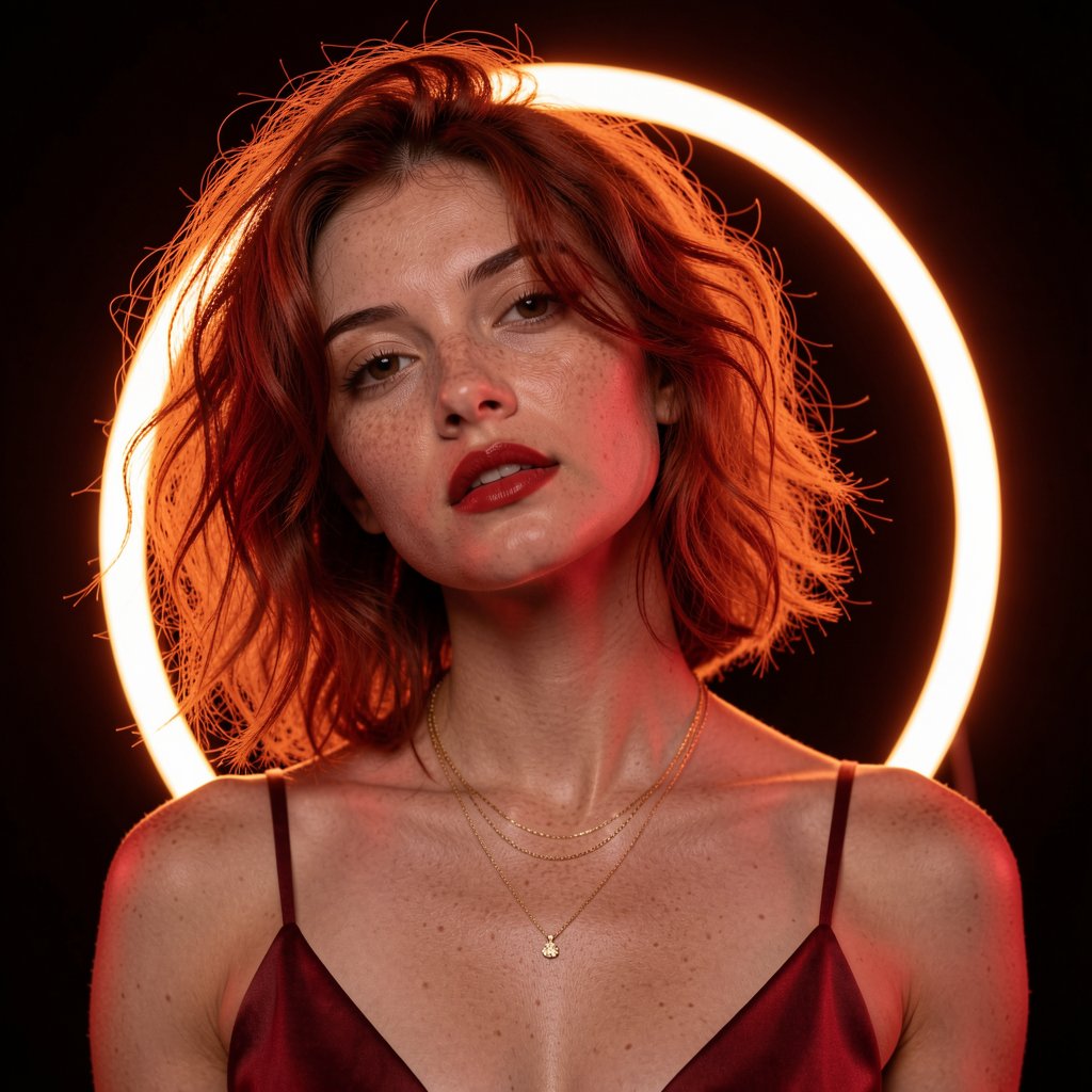 A medium close-up,  cinematic studio portrait of a woman with messy,  shoulder-length wavy red hair by Synthwave on Tensor...