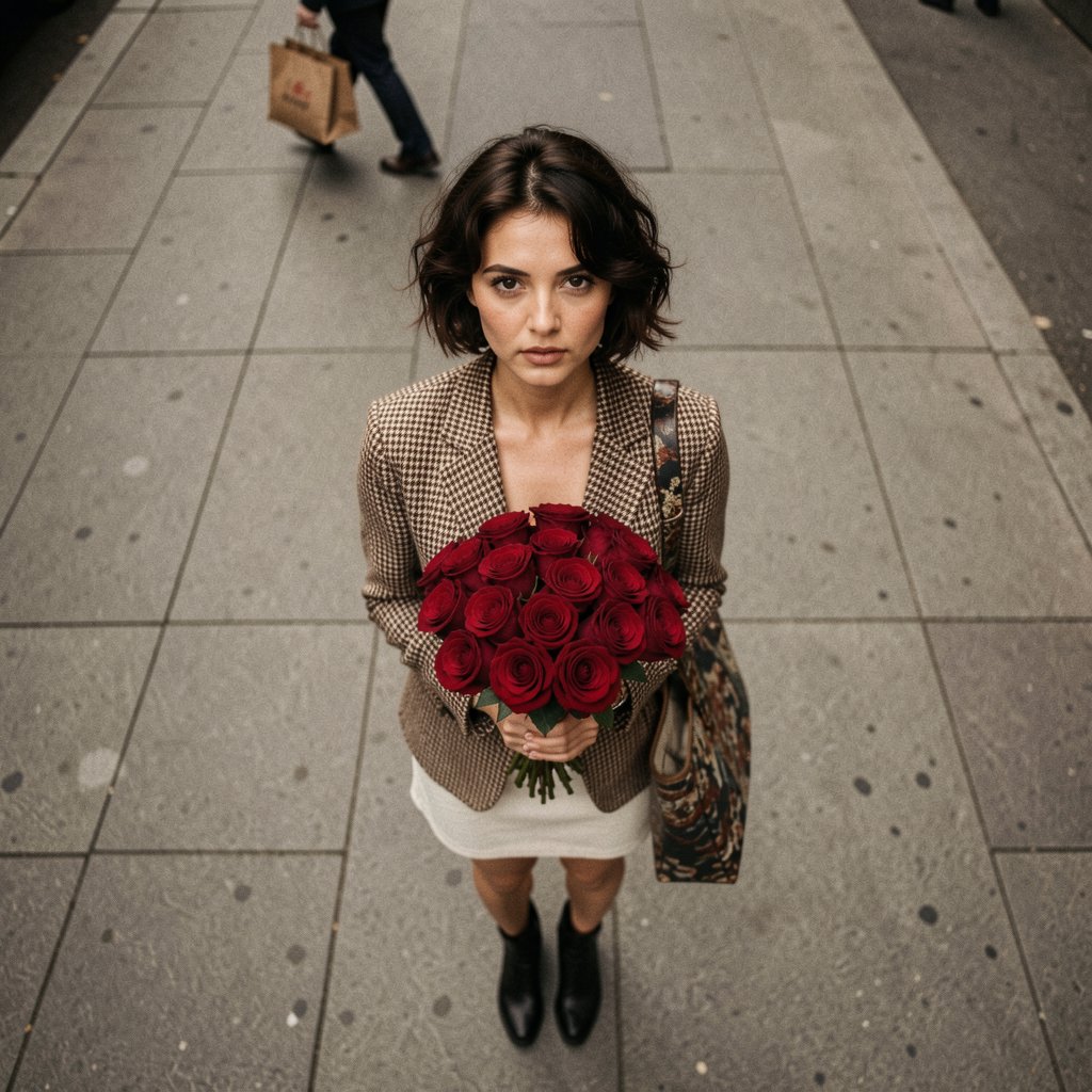 A full-body extreme high-angle shot looking straight down at a woman with short,  wavy dark brown hair standing on a grey...