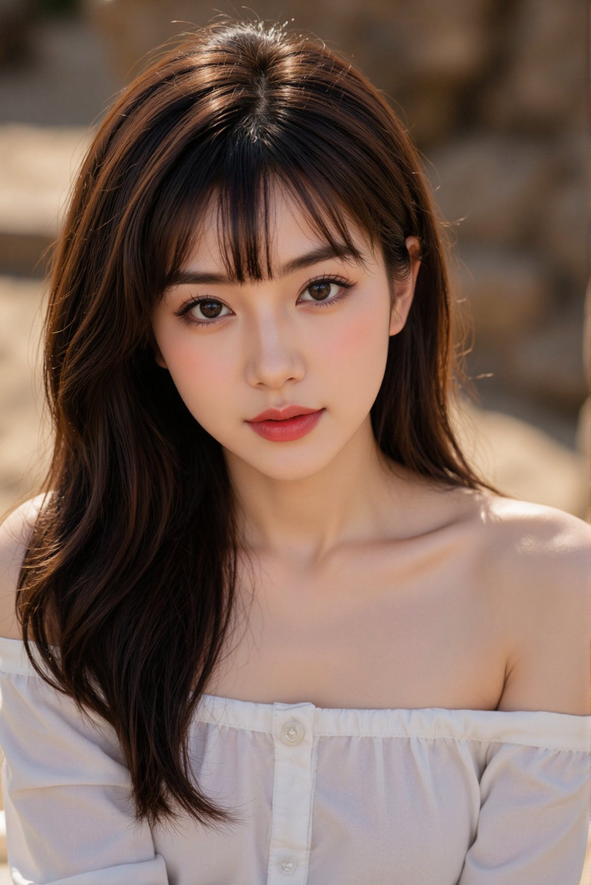 Create a realistic close-up of a 1girl,  a Chinese girl with a beautiful face and long hair,  dark hair. She has bangs tha...