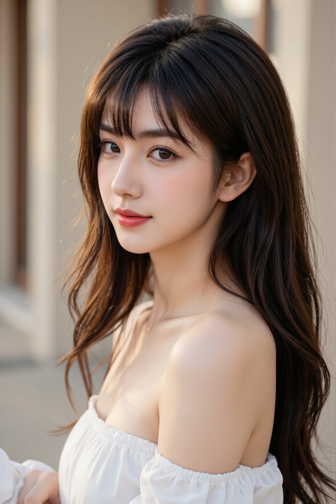 Create a realistic close-up of a 1girl,  a Chinese girl with a beautiful face and long hair,  dark hair. She has bangs tha...