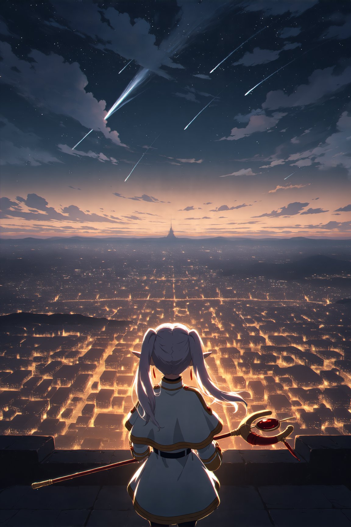 This is an anime-style digital illustration of a elf girl,  frieren,  standing and looking out over a vast by 让AI更感性了 on T...
