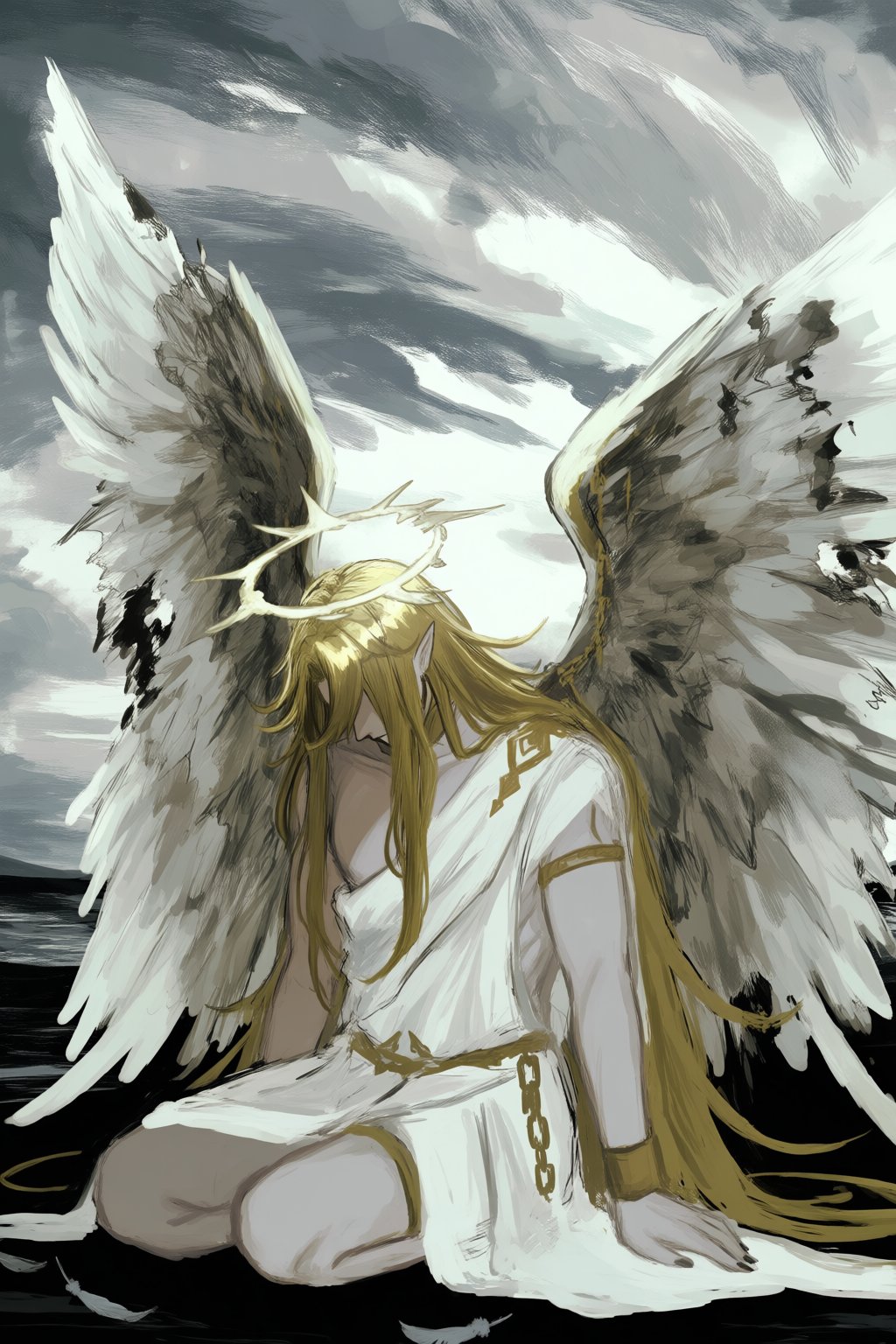 @tukumiyama,  upper body focus,  A melancholic digital illustration depicts a celestial being in a state of sorrowful grac...