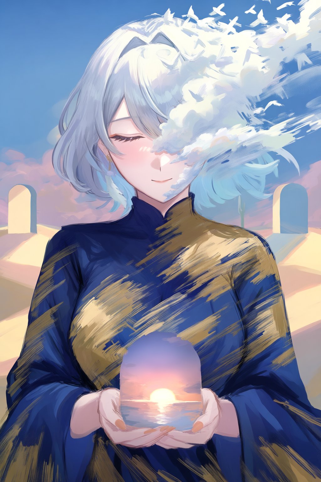 @tukumiyama,  upper body focus,  A surreal painterly portrait of a serene woman with a face partially dissolving into clou...