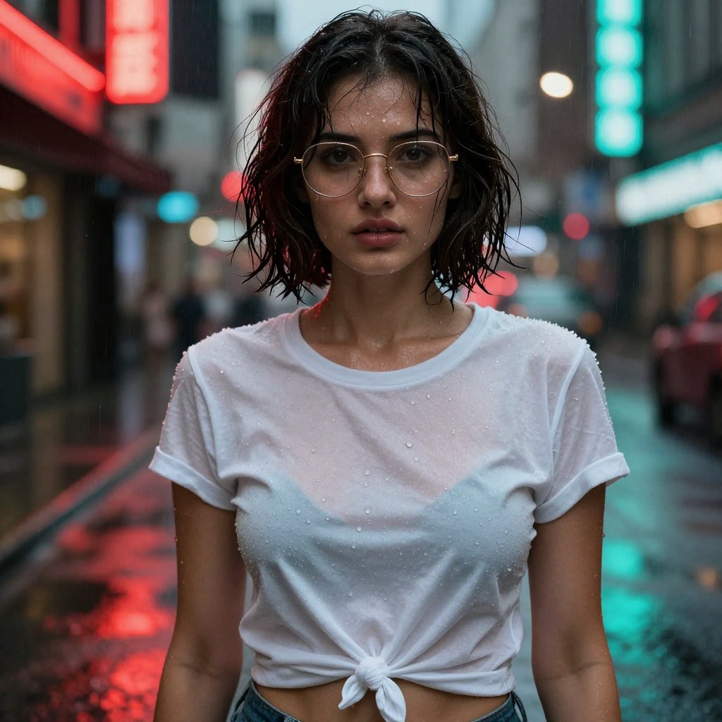 A waist-up portrait of a woman with short,  wavy,  wet dark brown hair and a fair complexion. She wears thin gold wire-fra...