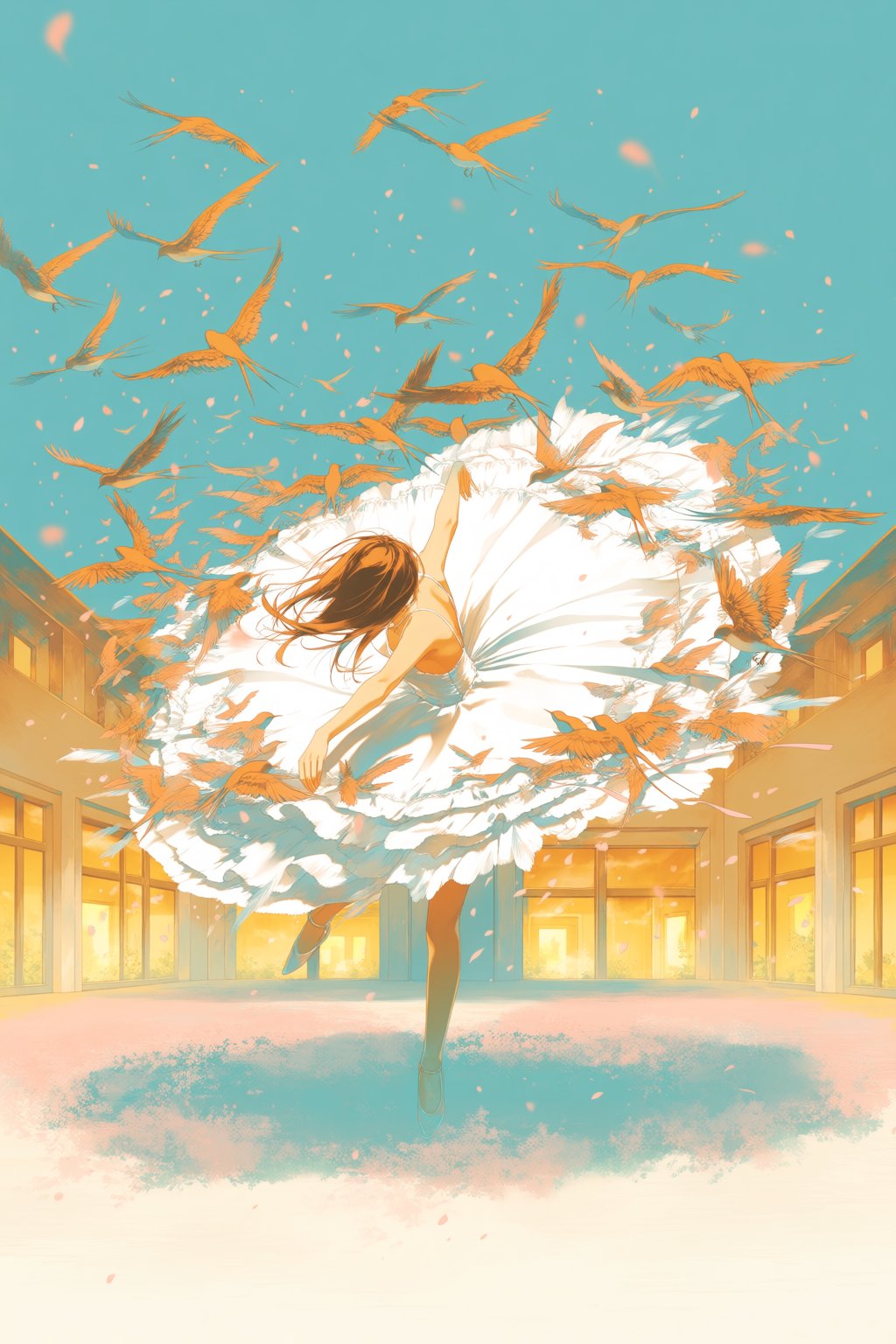 @re,  A surrealistic painting of a dancer spinning beneath a sky full of swallows. Their layered dress becomes a circular...