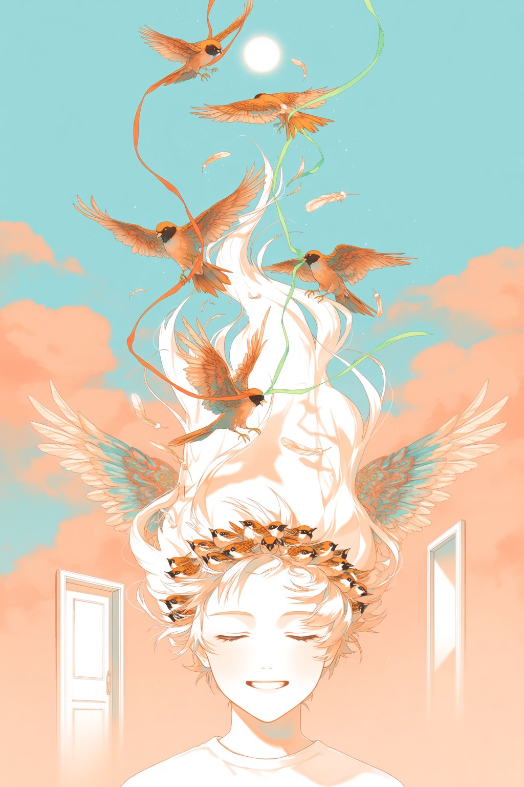 @re,  A surreal portrait of a person wearing a crown of tiny sparrows,  each bird holding a ribbon of colored light in its...