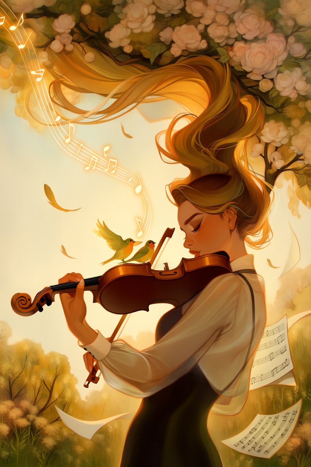 @loish,  surrealistic,  A surrealistic painting shows a musician playing a violin in a sunlit garden by Azriaelis on Tenso...