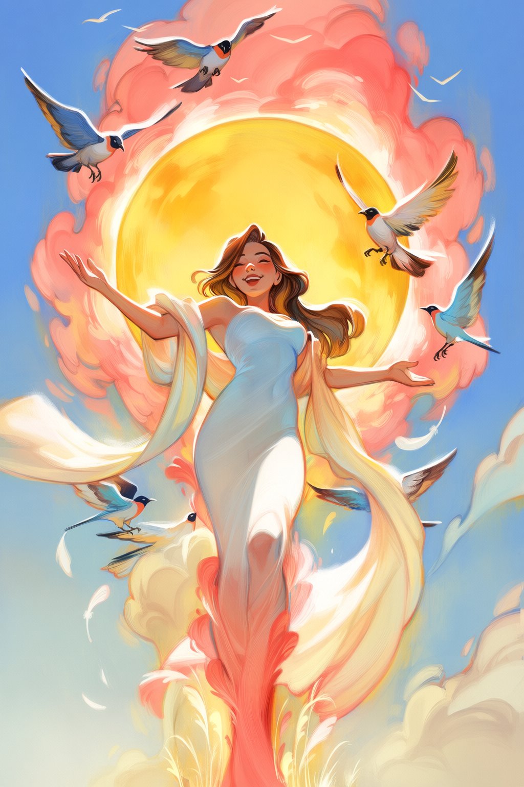 @loish,  surrealistic,  A painterly fantasy portrait of a joyful figure standing in front of a huge circular sun by Azriae...